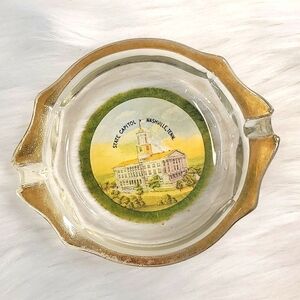Vintage Tennessee Nashville State Capital Gold Tone Crystal Ashtray Felt Bottom